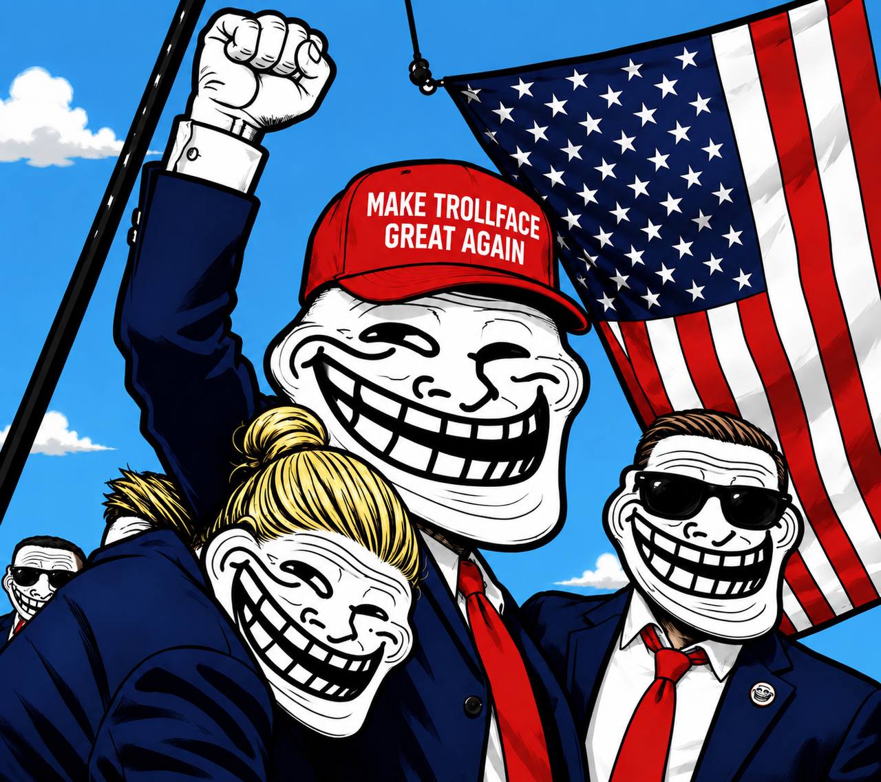 Trollface crowd holding a flag