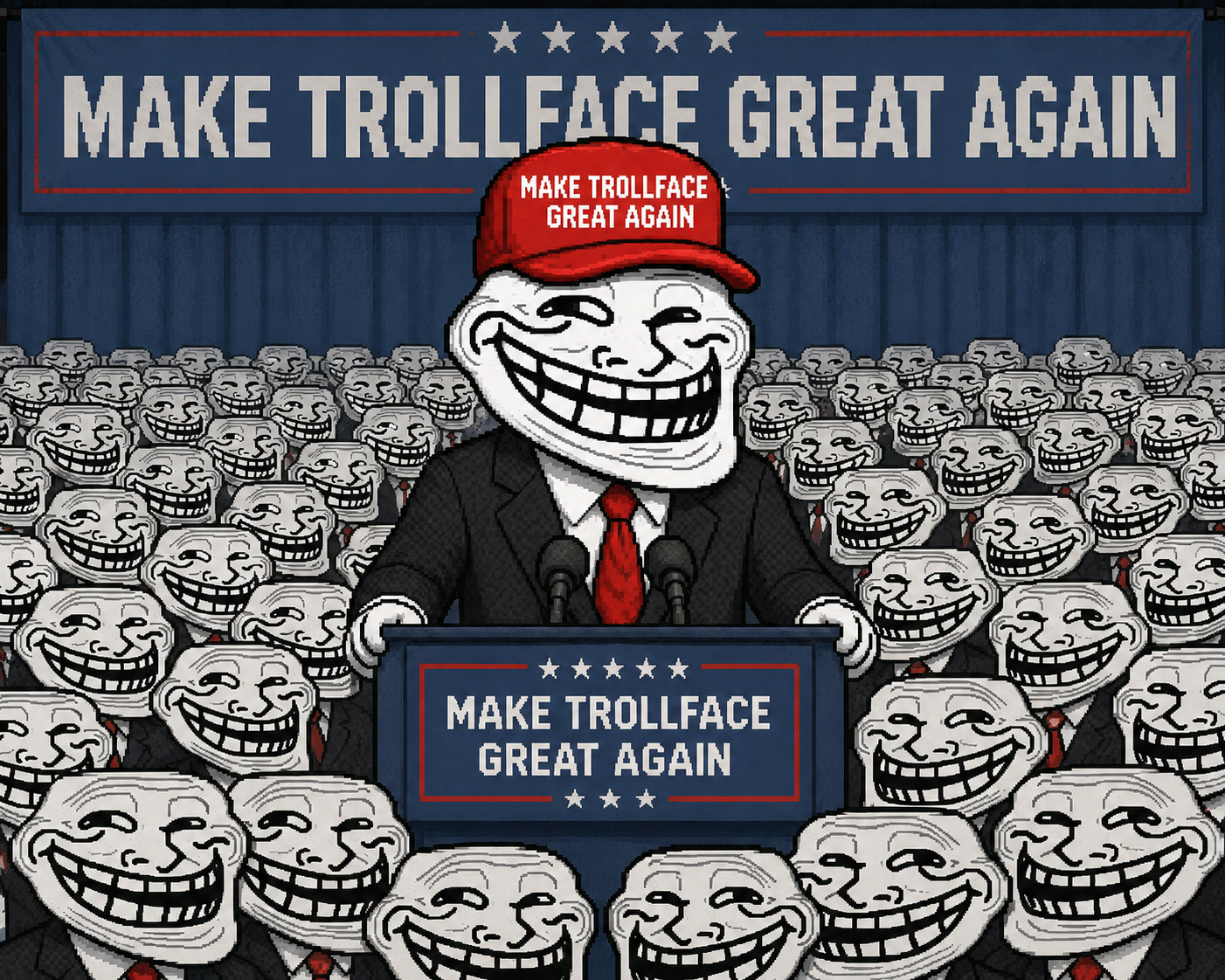 Trollface in an office at night