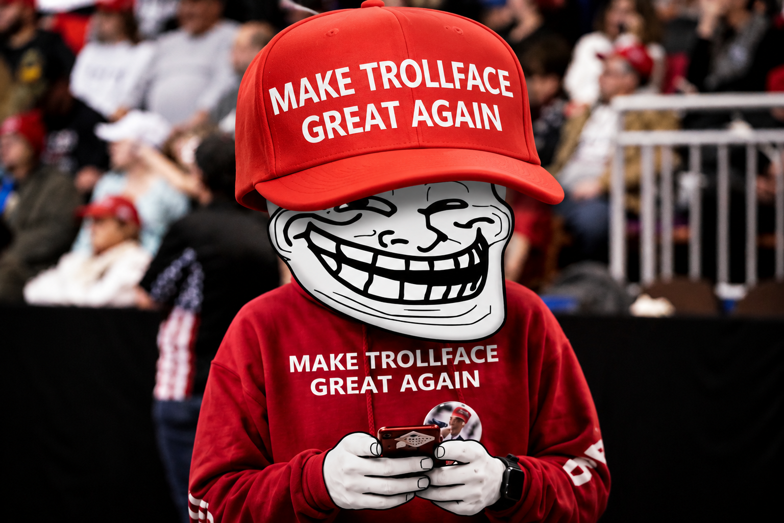 Trollface fan in a red hoodie holding a phone