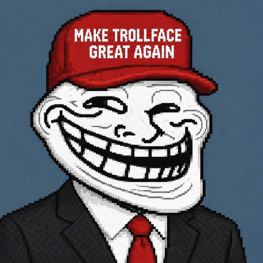 Trollface mascot wearing a red Make Trollface Great Again cap